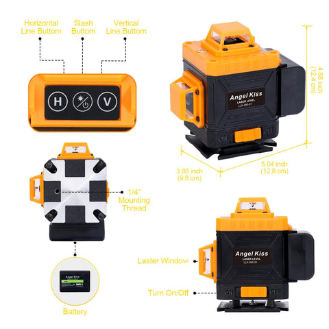 Angel Kiss 4D laser level side view showing 360° coverage for quick room leveling.