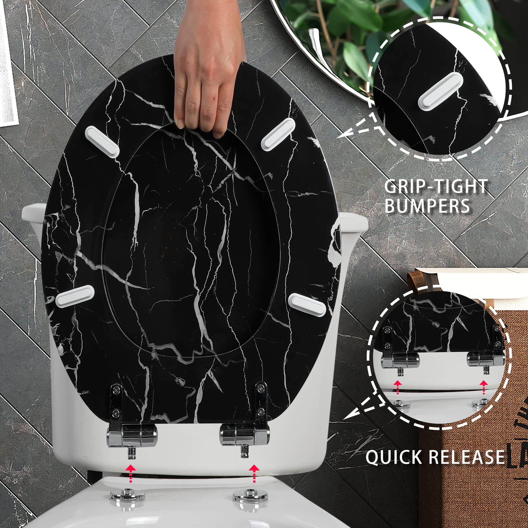 Angel Shield quiet close feature reduces slams for calmer bathrooms.