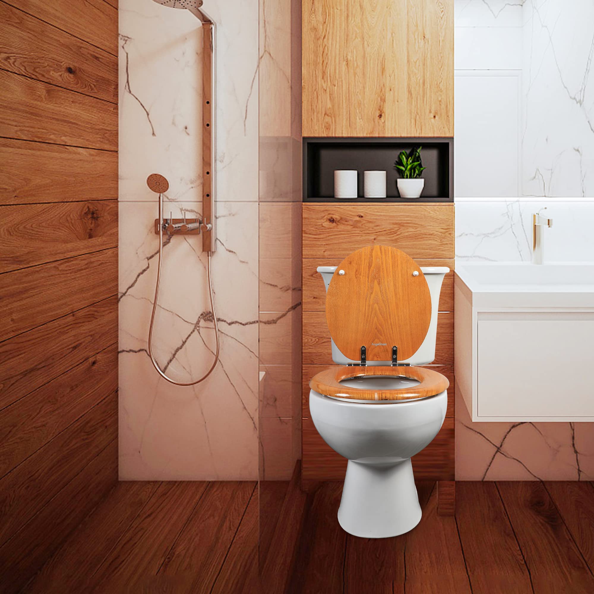 Angel Shield wood toilet seat no-slamming design protects fingers.