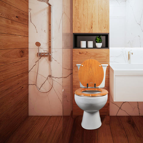 Angel Shield wood toilet seat no-slamming design protects fingers.