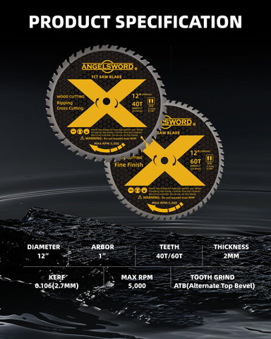 ANGELSWORD 12-inch blade 40T cross-cut for precise edge finishes.