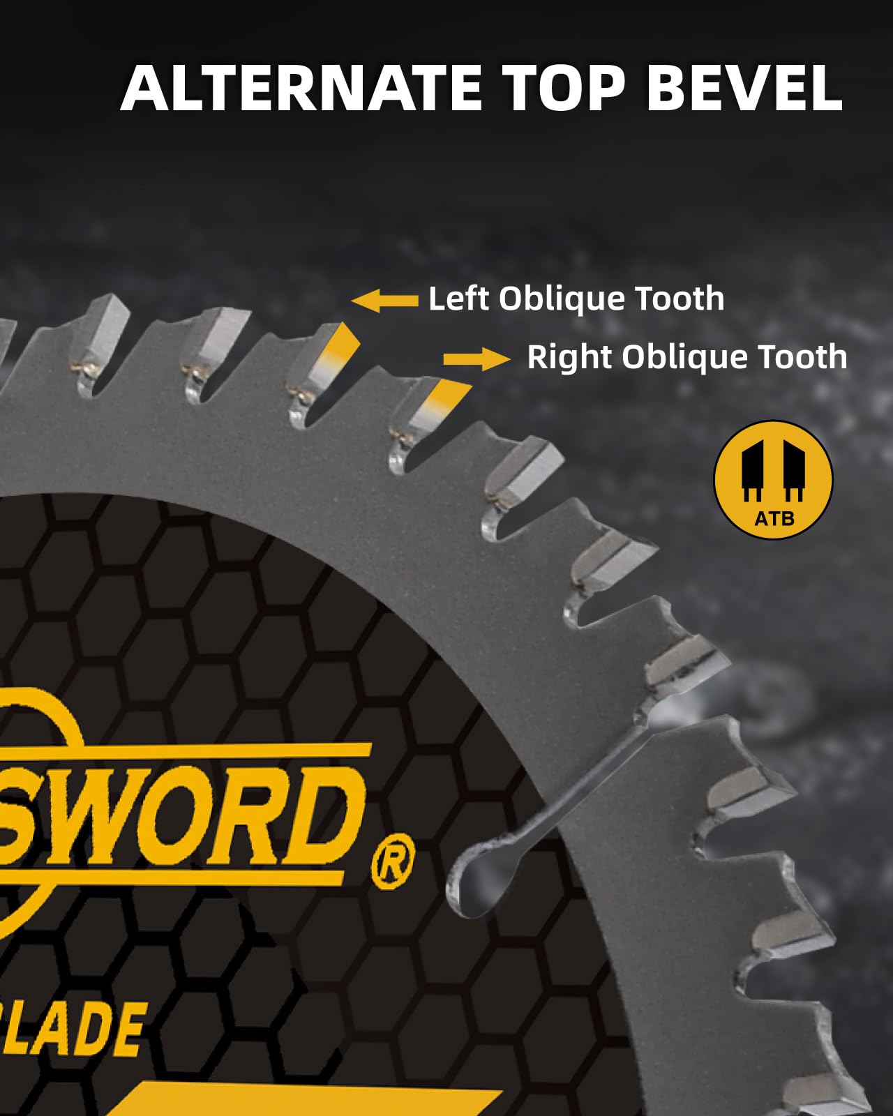 Close-up of ANGELSWORD carbide teeth highlighting wear resistance.