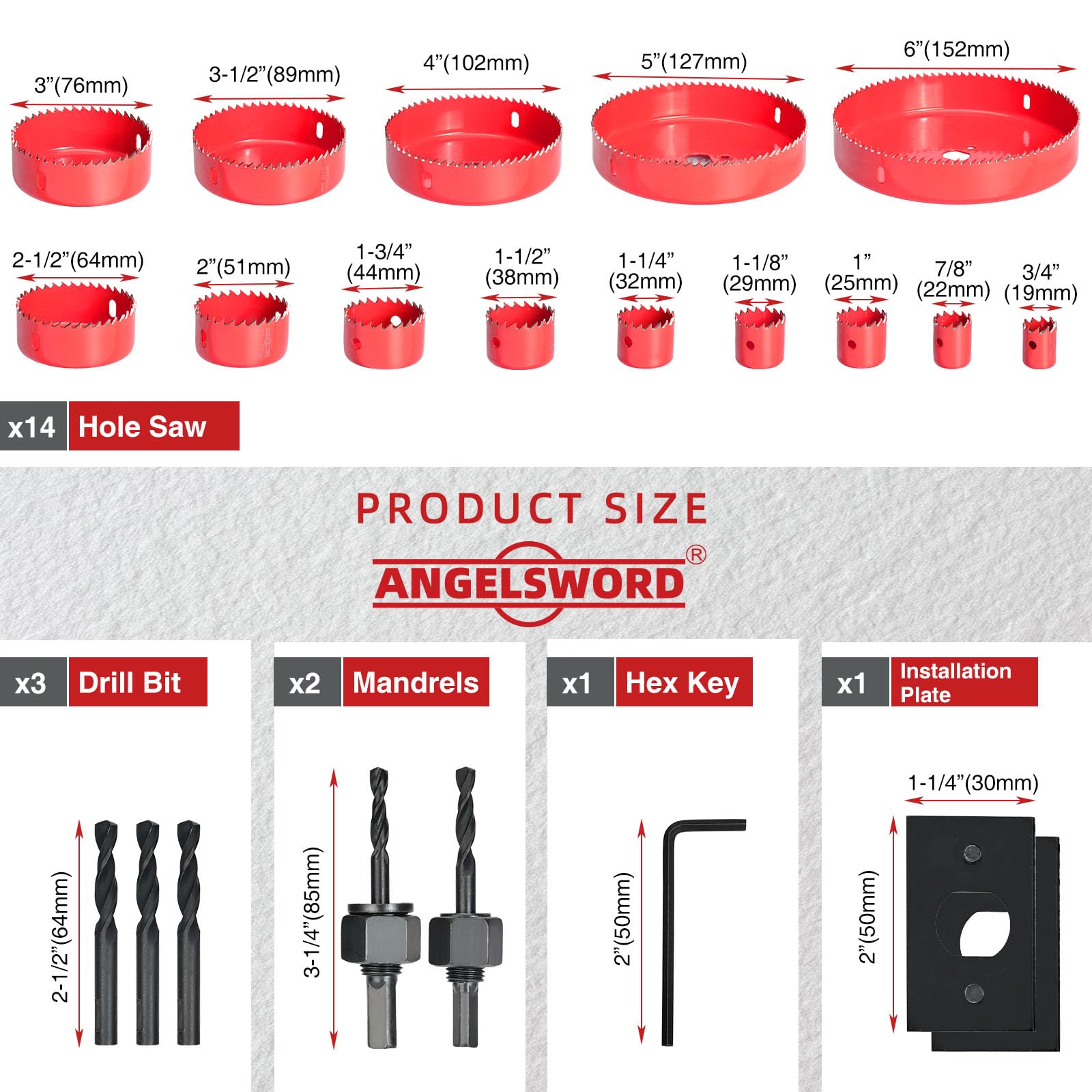 ANGELSWORD hole saw kit includes arbors and bits for quick setup and versatile drilling