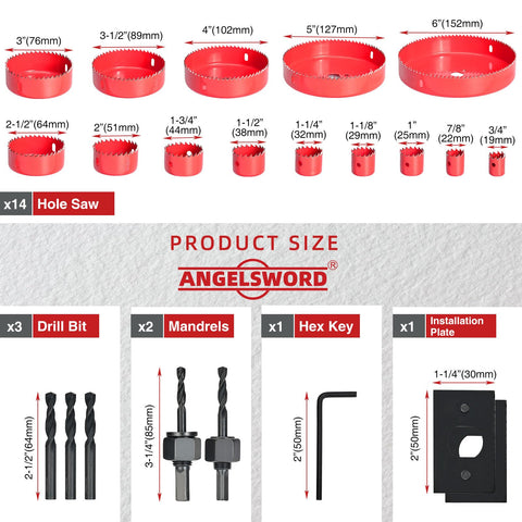 ANGELSWORD hole saw kit includes arbors and bits for quick setup and versatile drilling