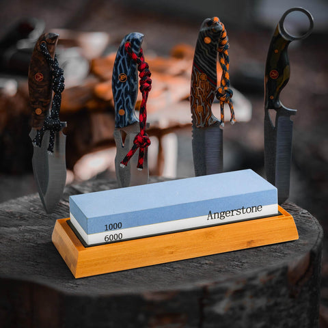 Angerstone wet stone kit sharpens kitchen, hunting, and pocket knives.
