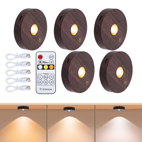 Angestlite woodgrain rechargeable puck light on cabinet for subtle kitchen illumination