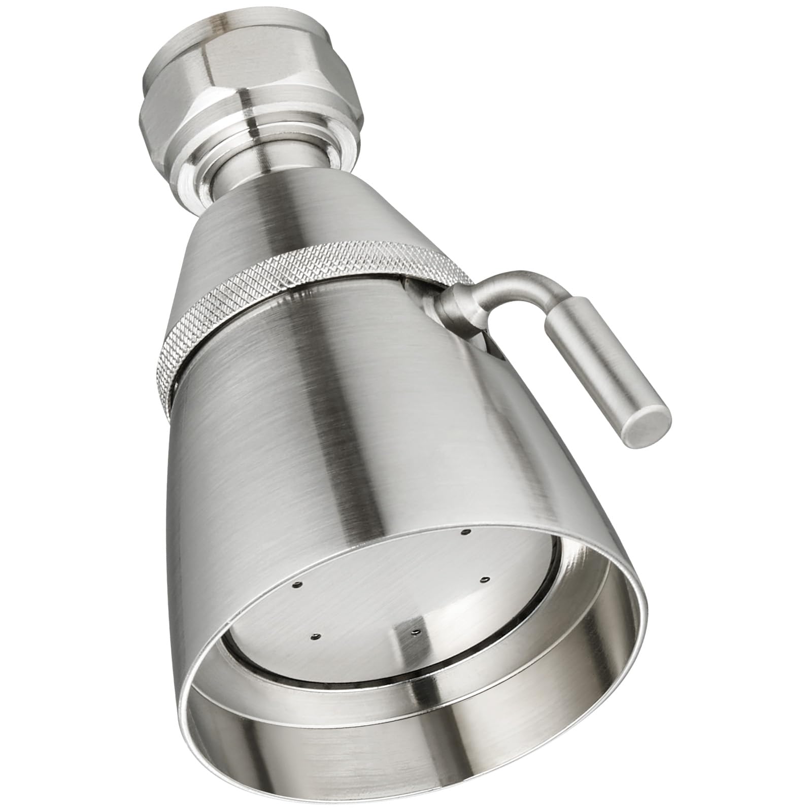 Angle Simple brass shower head with full-flow spray for spa-like rinsing.