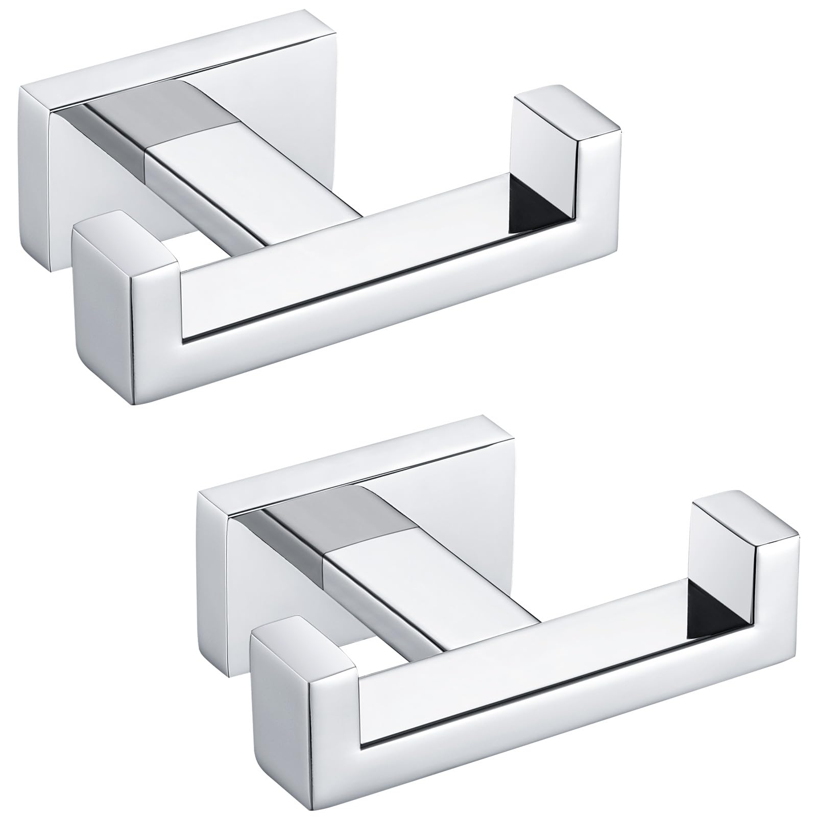 Angle Simple double-towel-hooks in chrome offer organized bathroom storage and fast towel drying.