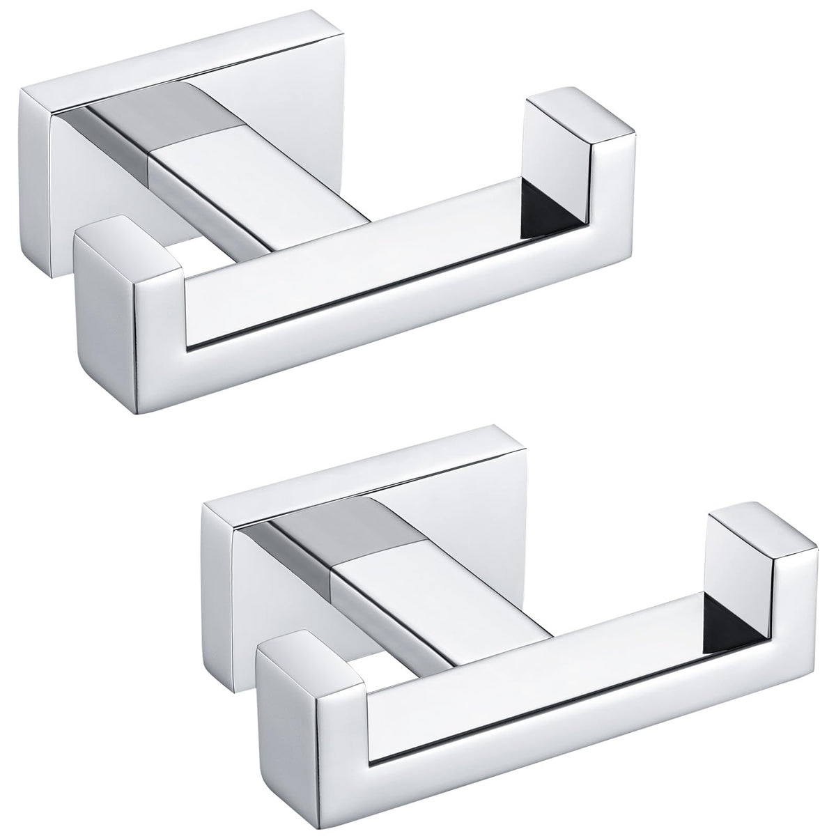 Angle Simple double-towel-hooks in chrome offer organized bathroom storage and fast towel drying.