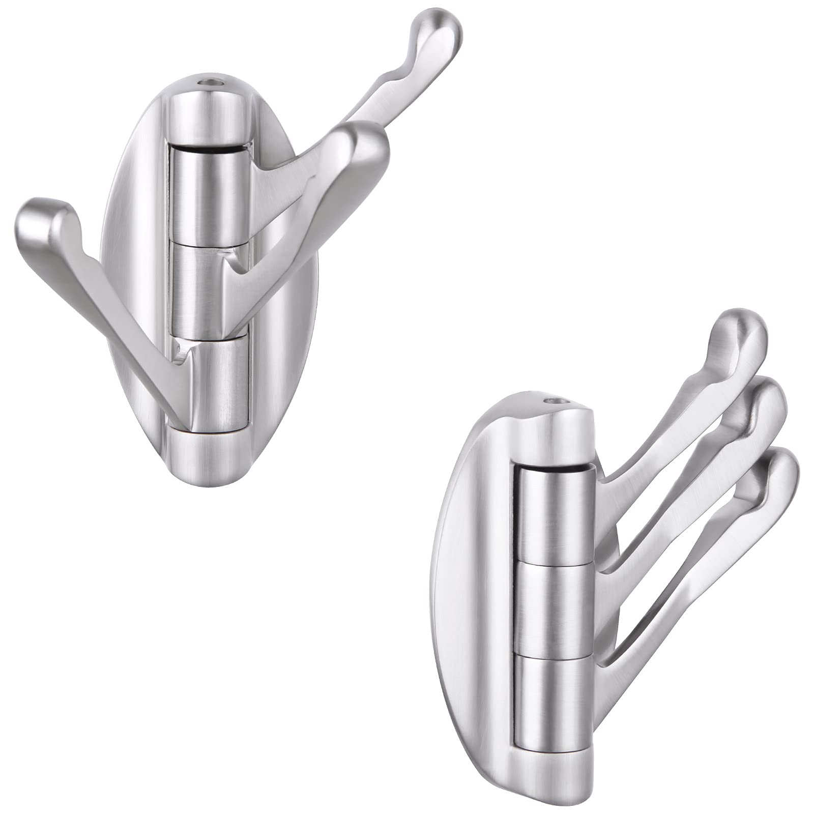 Angle Simple Foldable Swivel Towel Hook front view in brushed nickel for bathroom organization.