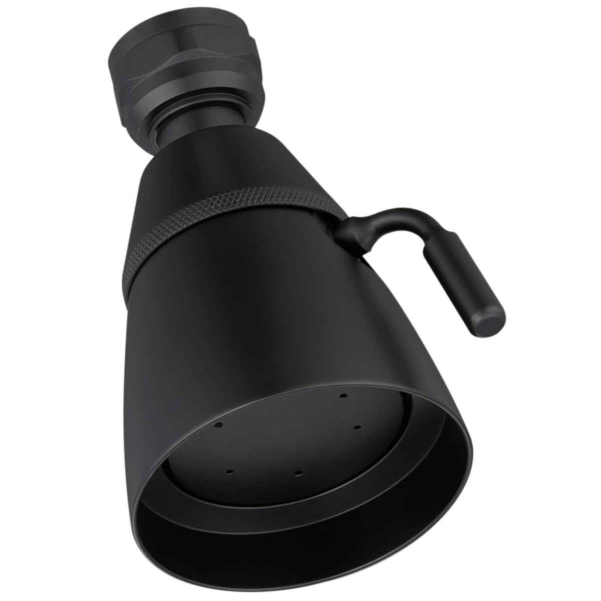 Angle Simple brass high-flow shower head delivers spa-like spray for quick rinsing.