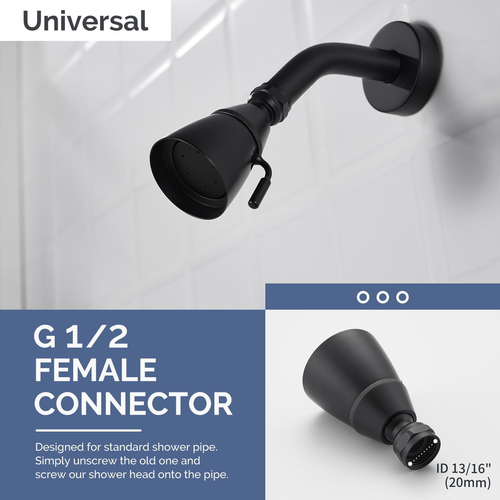 Angle Simple standard G-1/2 thread fits most shower arms.