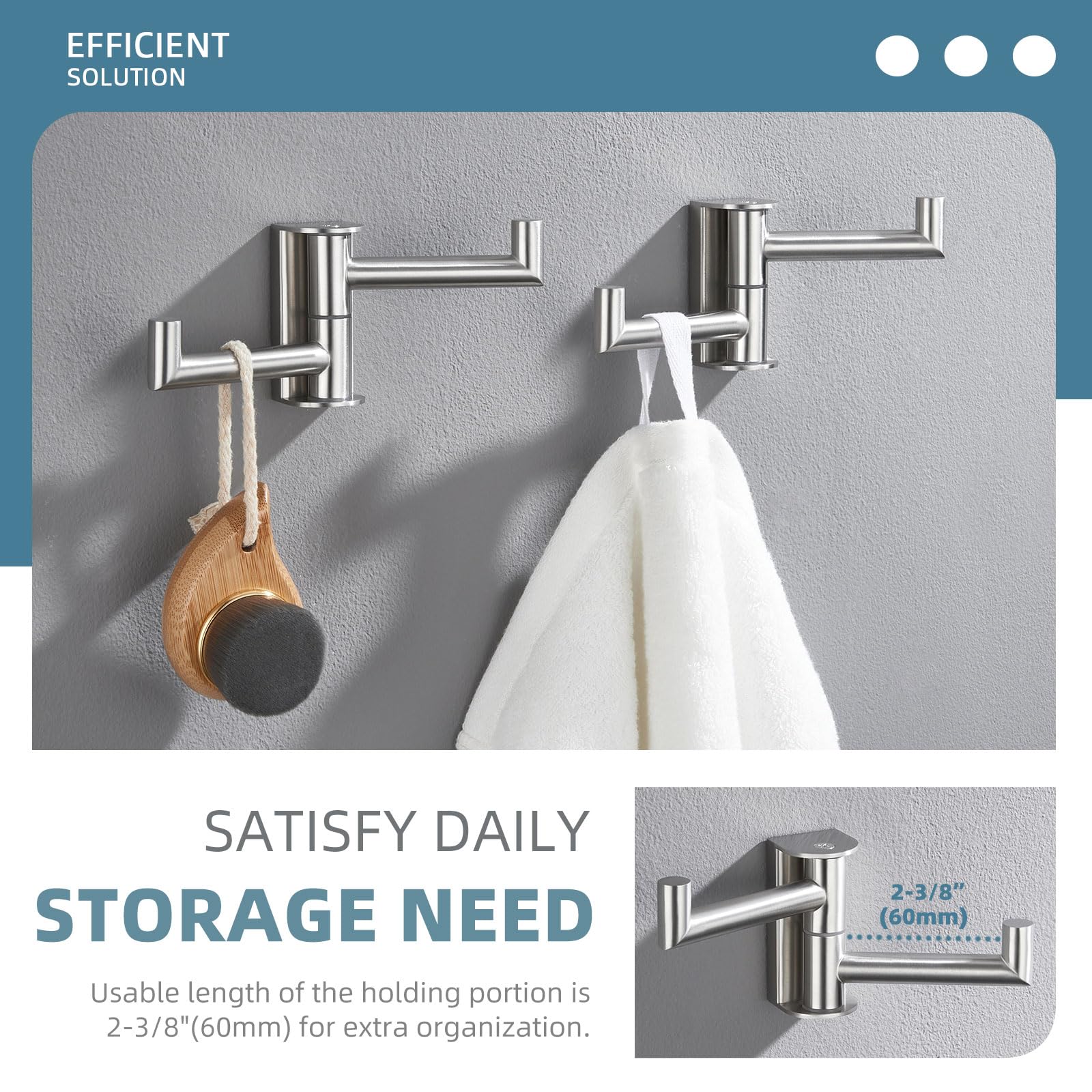 Angle Simple swivel towel double hook rotation mechanism demonstrates smooth, silent operation.