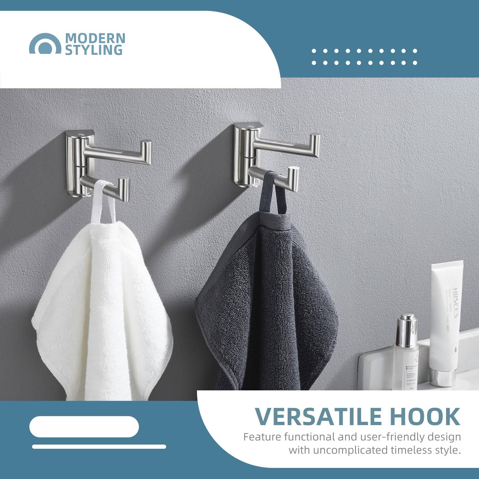 Angle Simple swivel towel double hook side view emphasizes compact wall-mount design saves space.