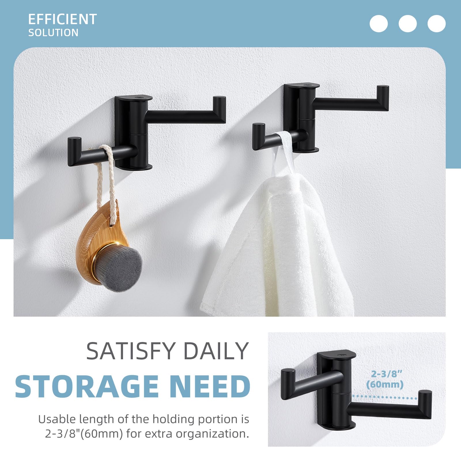 Angle Simple swivel towel hook side-to-side design prevents overlap.