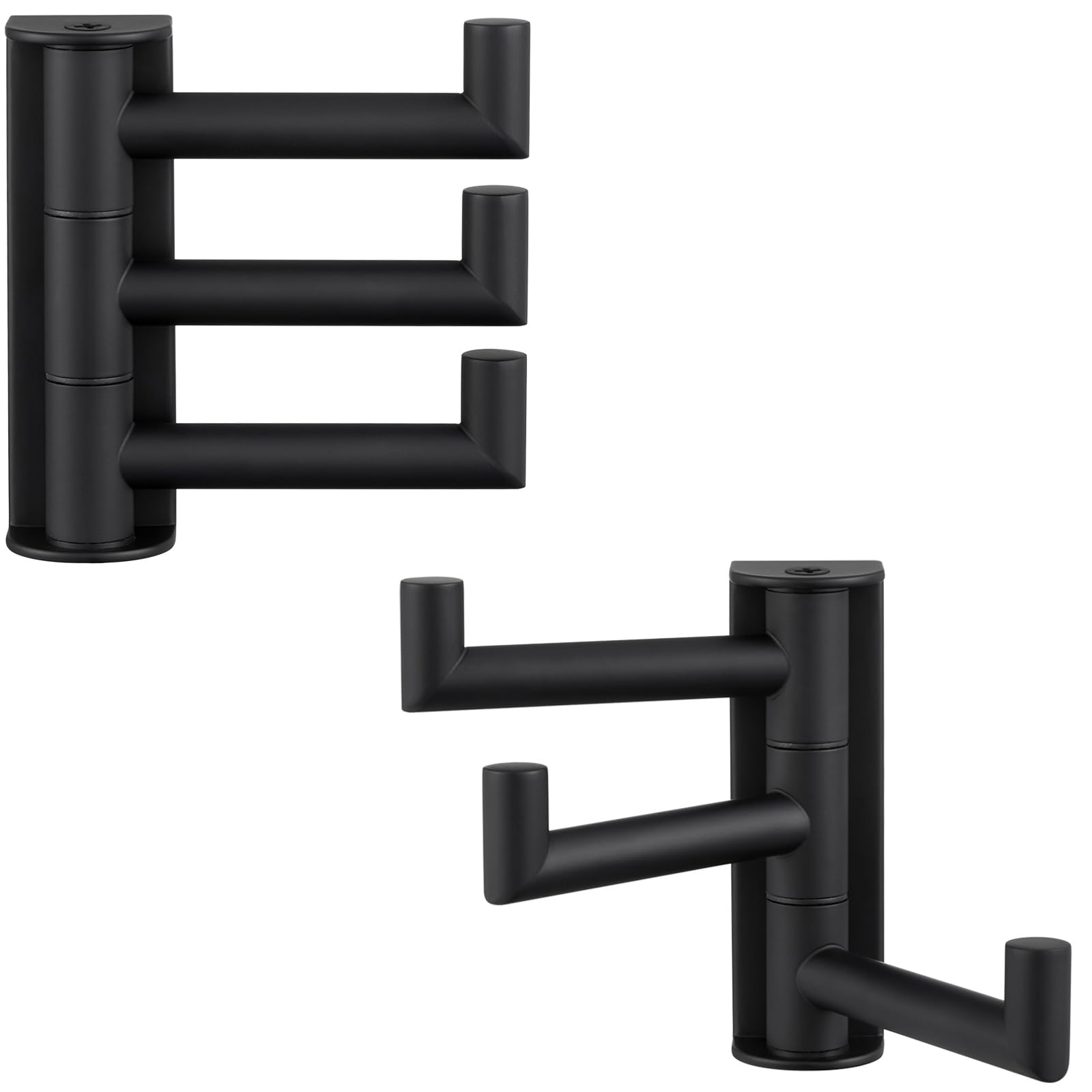Angle Simple swiveling three-arm towel hooks in matte black for organized bathroom storage.