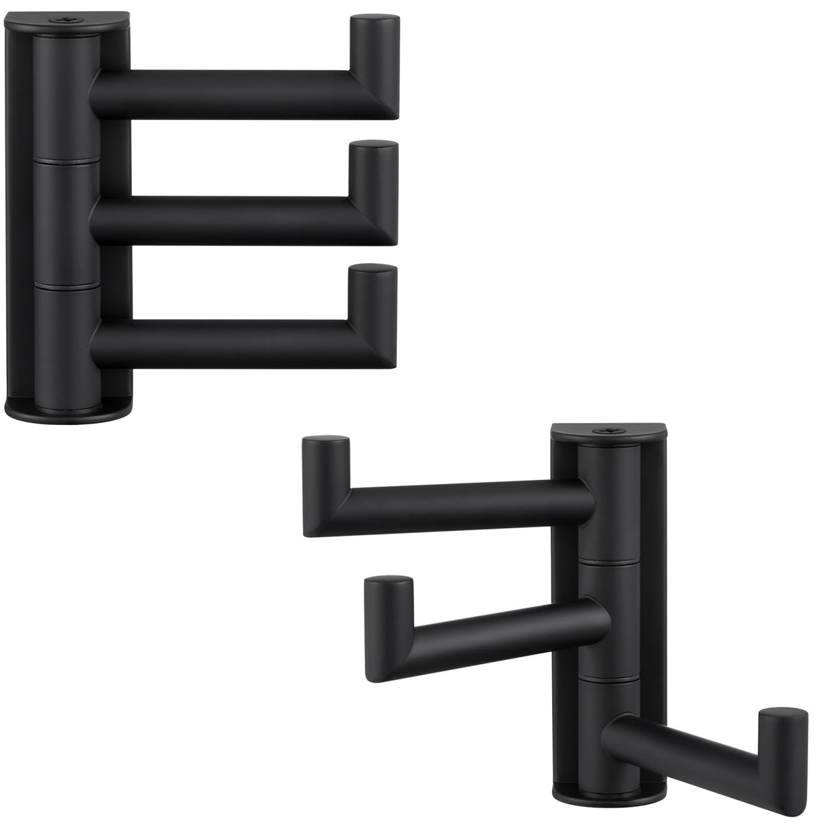 Angle Simple swiveling three-arm towel hooks in matte black for organized bathroom storage.