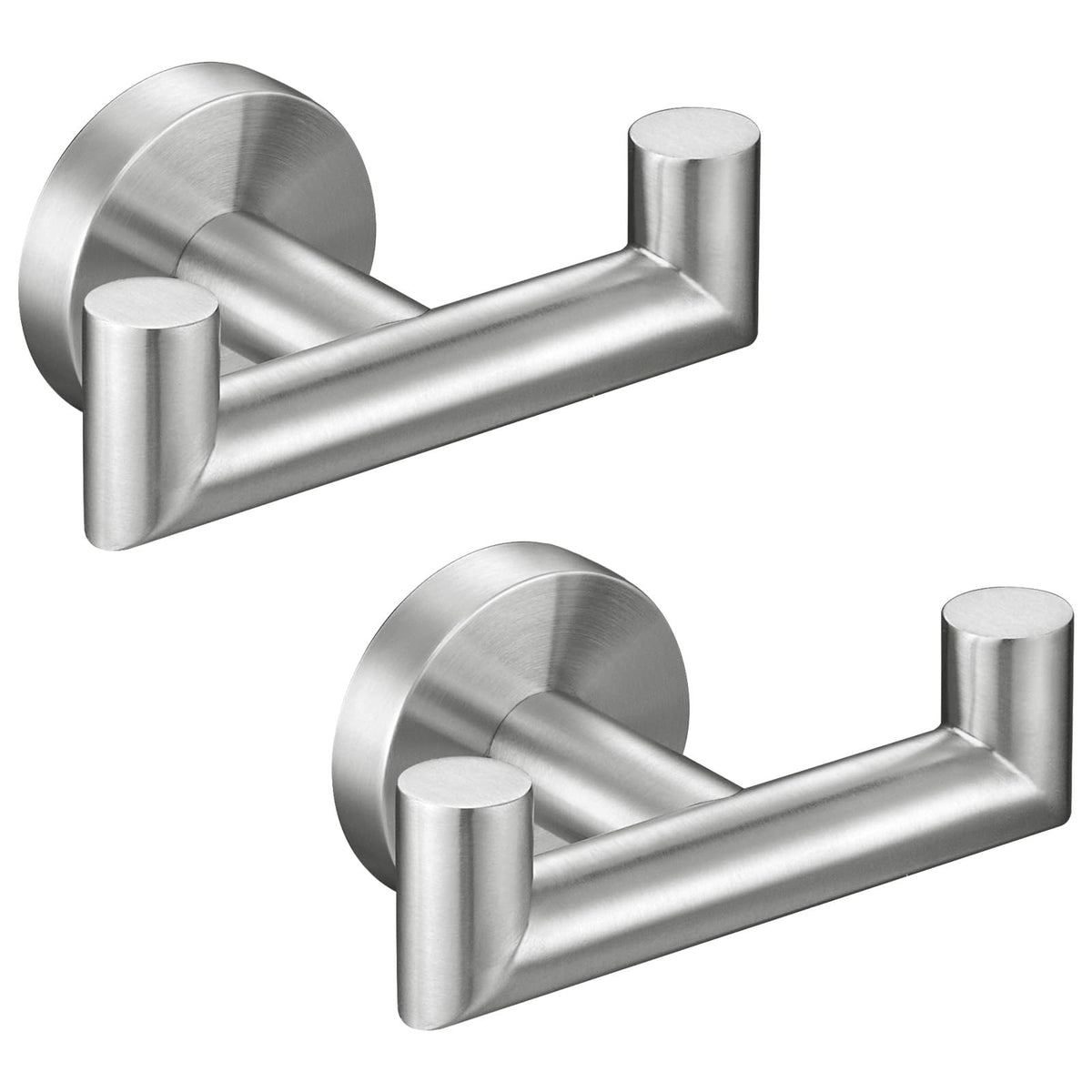 Angle Simple towel hook duo in brushed nickel ready for organized bathroom towels