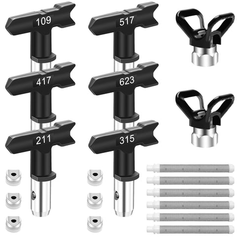 Anglecai airless tip set collection with six nozzle sizes for versatile coverage.