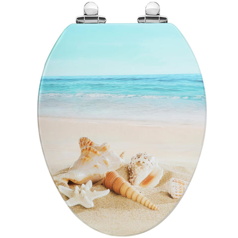 Angol Shiold elongated seat in molded wood with beach finish for warm bathroom style.