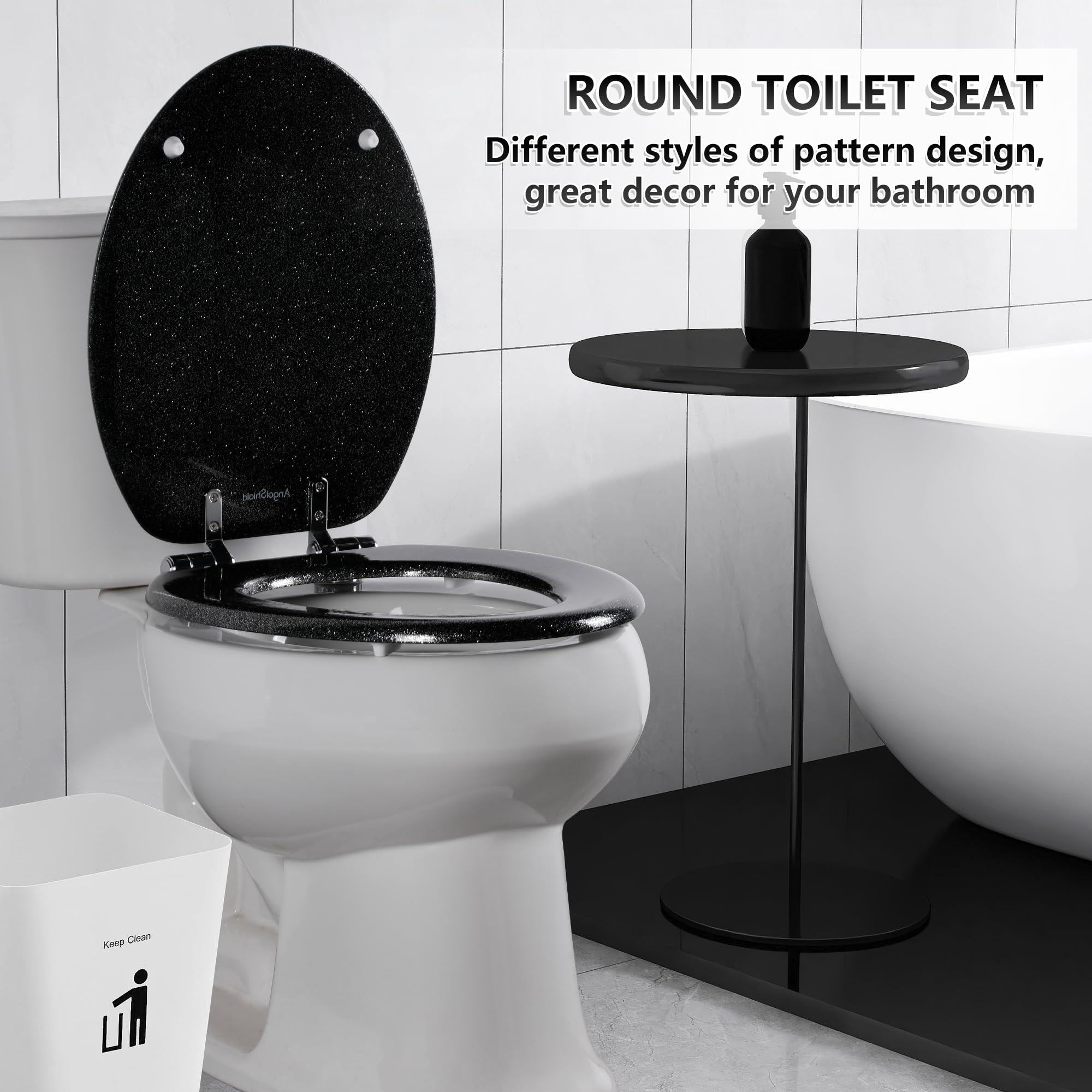 Angol Shiold glitter toilet seat black finish view highlights modern look.