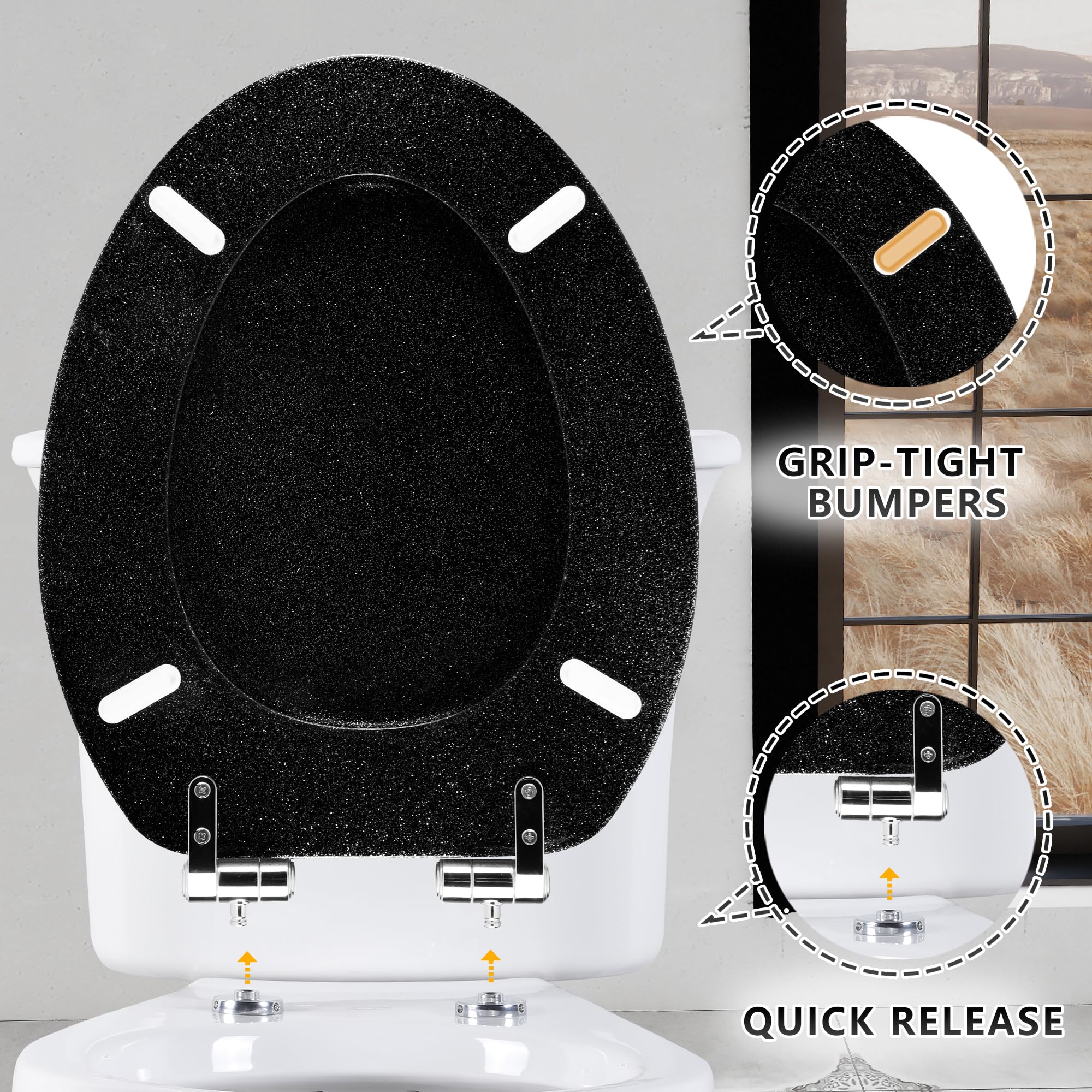 Angol Shiold glitter toilet seat metal hinge close-up emphasizes durability.