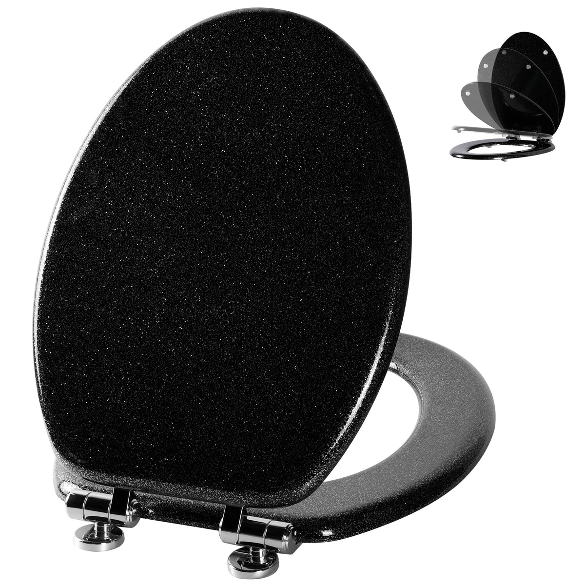 Angol Shiold glitter toilet seat elongated close-up shows stylish finish and snug fit.