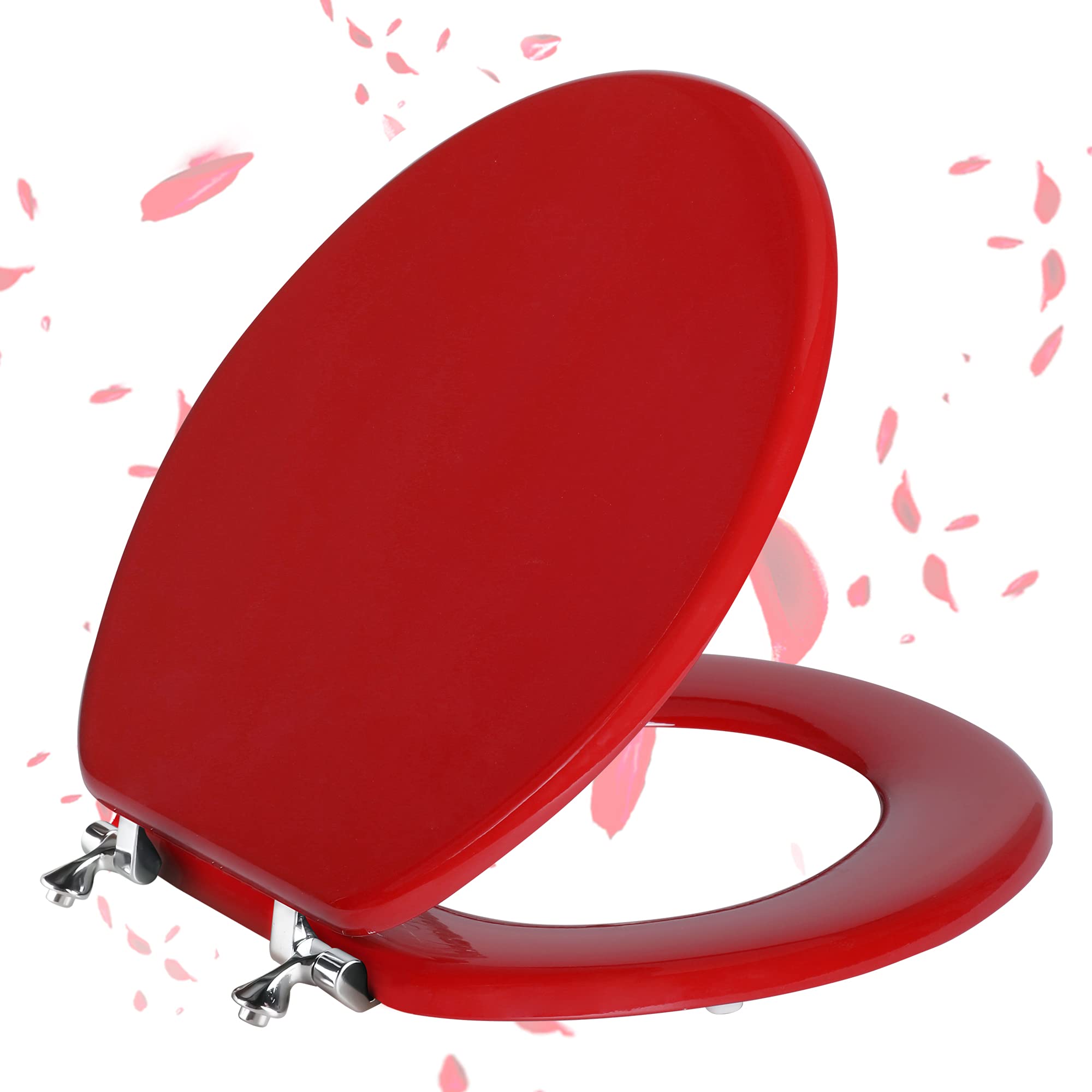 Angol Shiold red round seat assembly showing quick fit for most round toilets