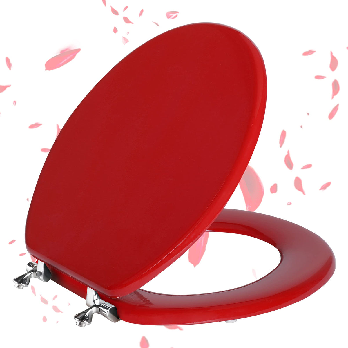 Angol Shiold red round seat assembly showing quick fit for most round toilets