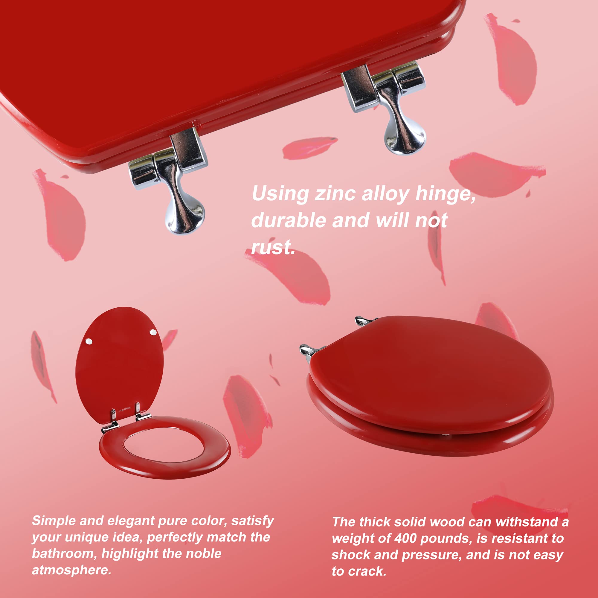 Angol Shiold red round seat hinge detail highlights zinc alloy hinges for longevity