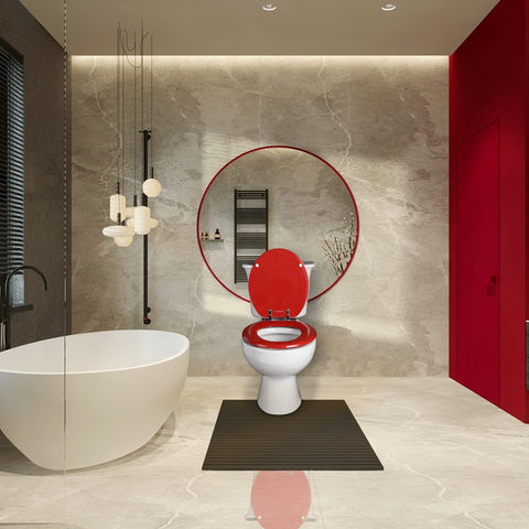 Angol Shiold red round seat installed in a bathroom setting demonstrates quick install