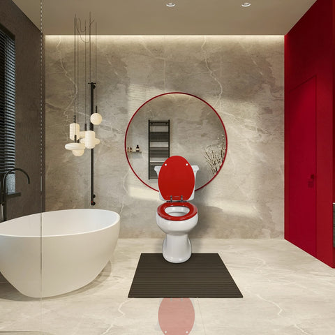Red Angol Shiold seat emphasizing waterproof and moisture protection in bathrooms