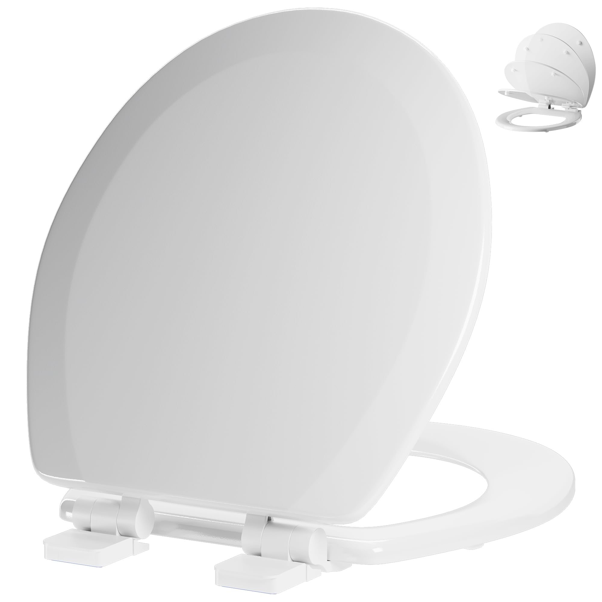 Angol Shiold round toilet seat with quiet-close hinge for silent lid lowering.