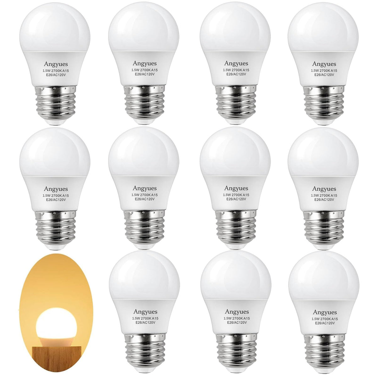 Angyues 15W soft white 2700K bulb provides gentle ambient light for living spaces.