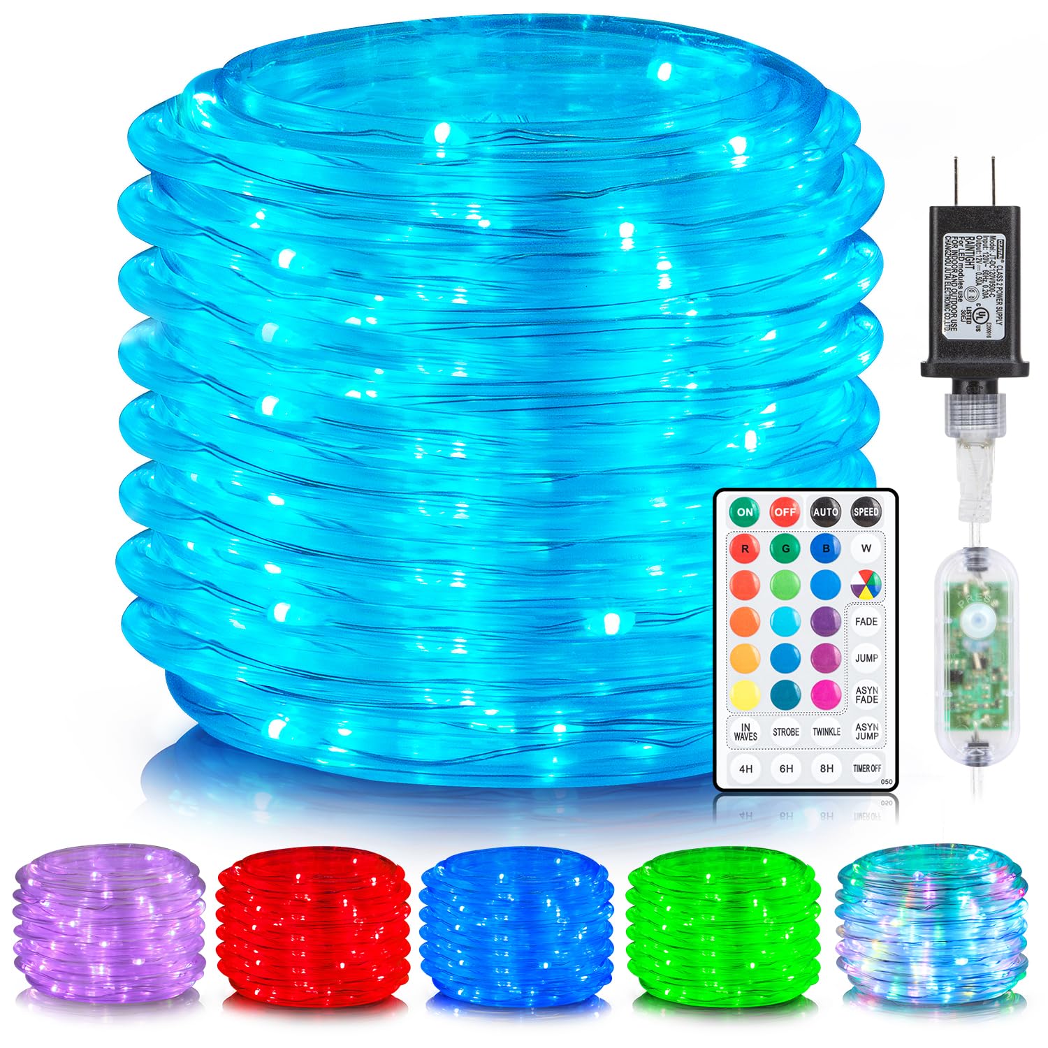 ANJAYLIA 99ft color-changing rope light outdoors provides vibrant mood lighting.