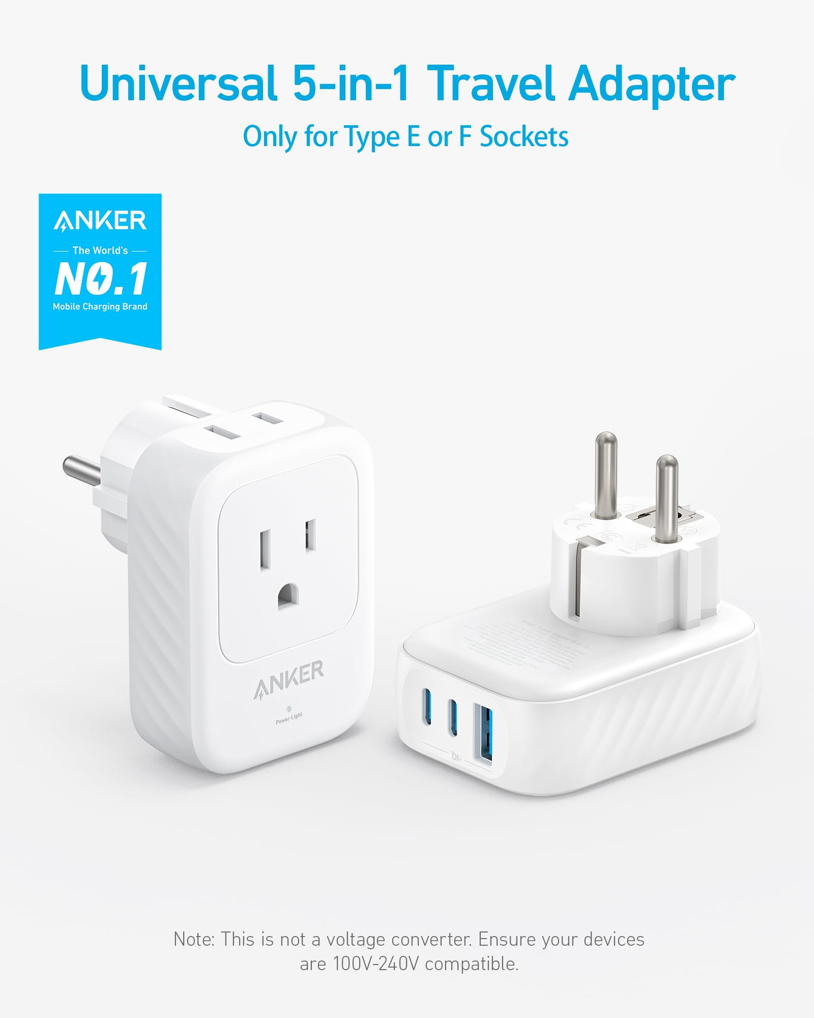 Anker 5-in-1 travel adapter with USB-C and USB-A ports for versatile charging.