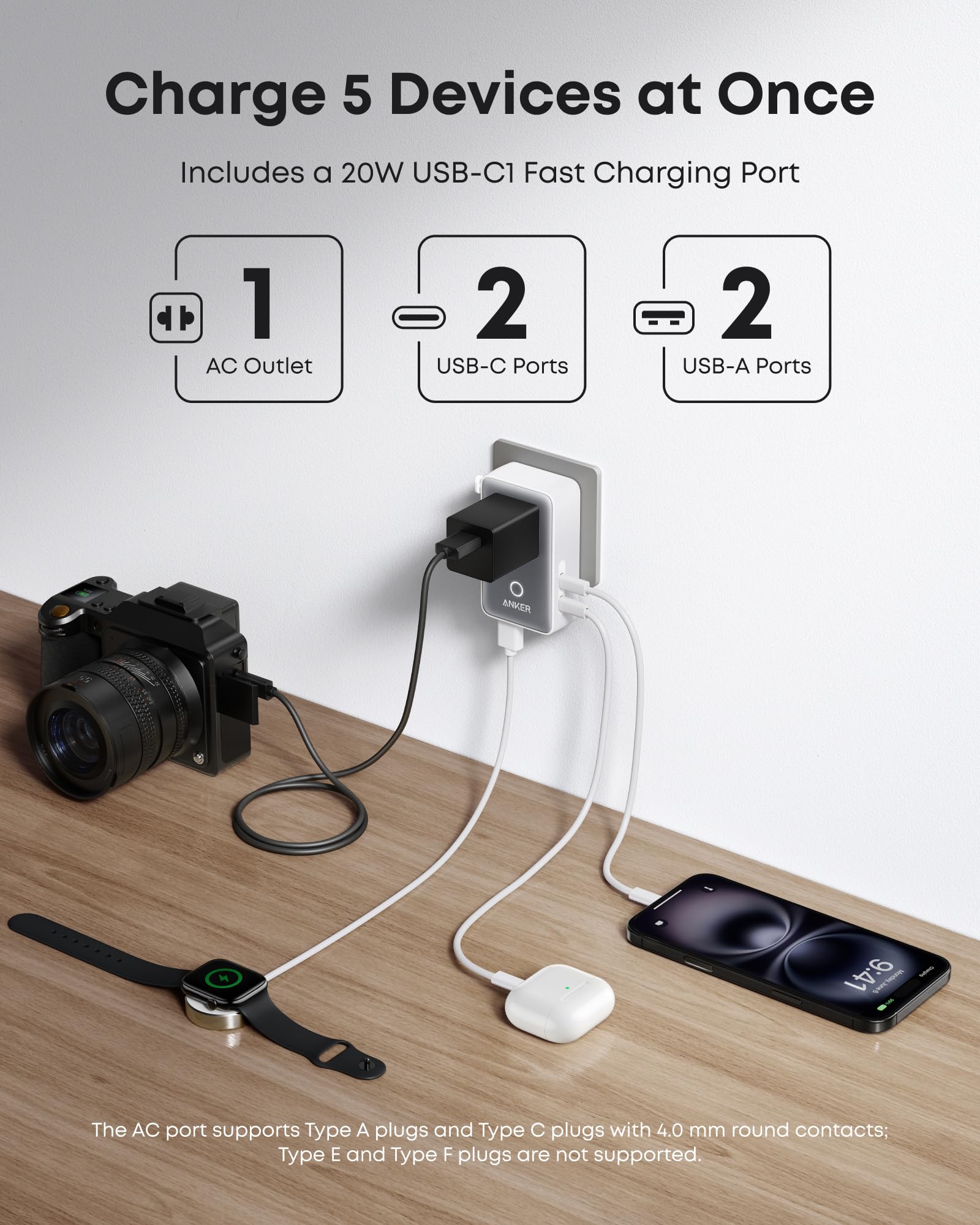 Anker Nano Travel Adapter USB-C 20W port delivers faster charging when needed.