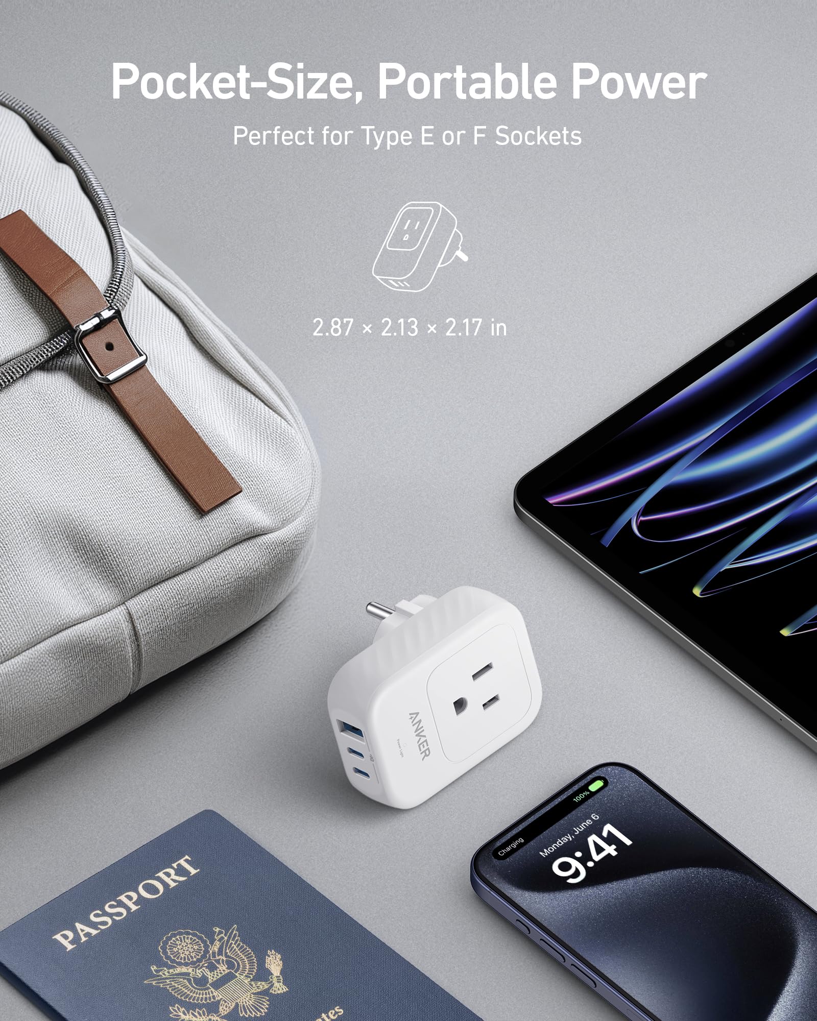 Anker compact travel adapter designed to fit easily in luggage.