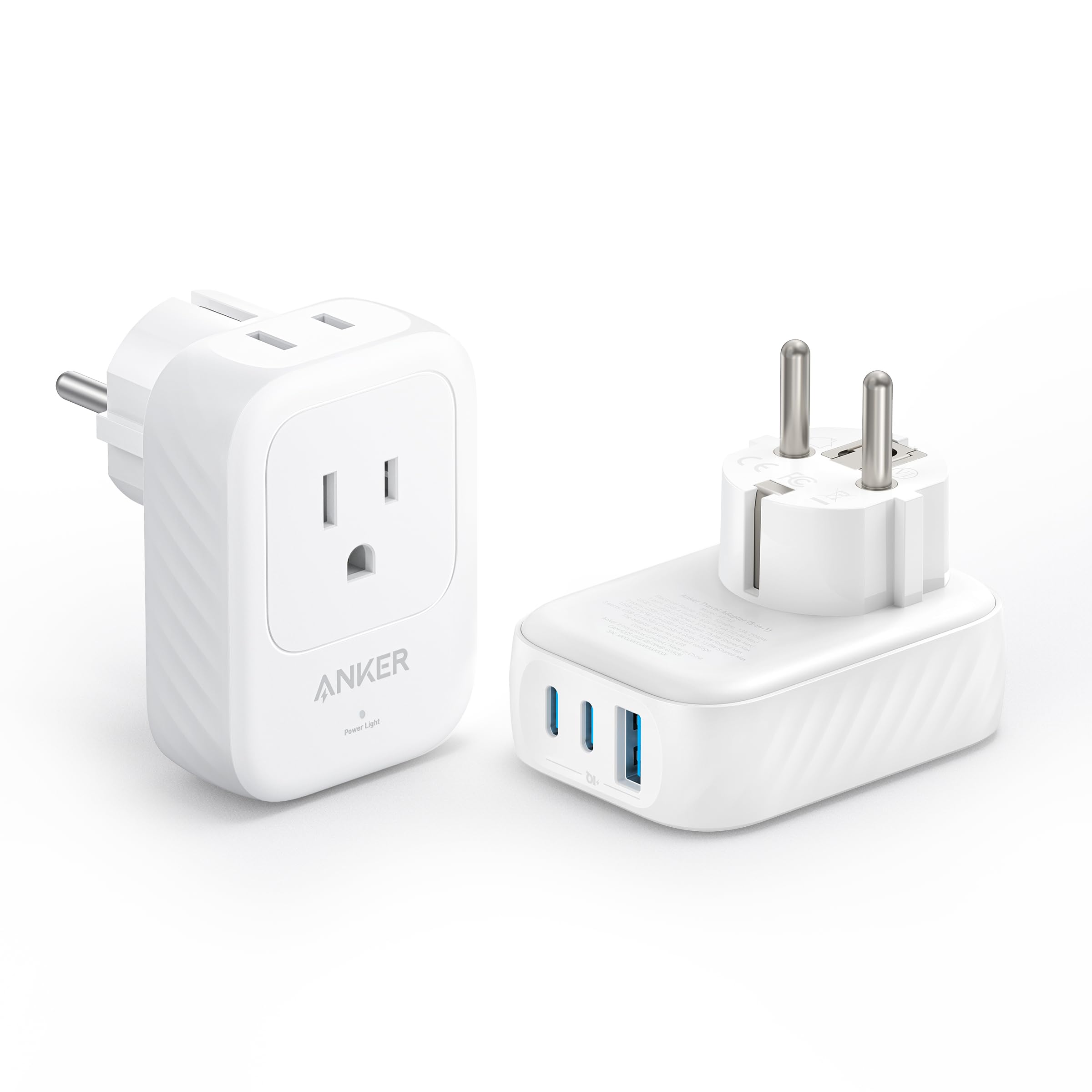 Anker Europe travel adapter with two outlets for simultaneous charging on the go.