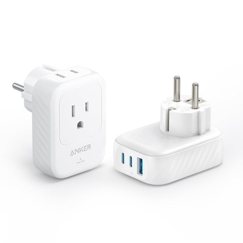 Anker Europe travel adapter with two outlets for simultaneous charging on the go.
