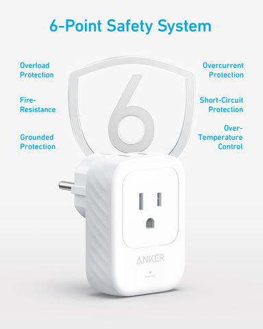 Anker travel adapter TUV Listed for European travel safety.