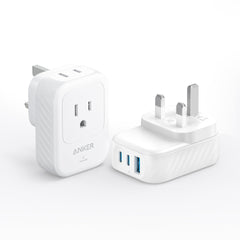 Anker travel adapter Type G UK front view with dual outlets and USB ports