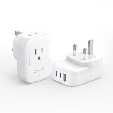 Anker travel adapter Type G UK front view with dual outlets and USB ports
