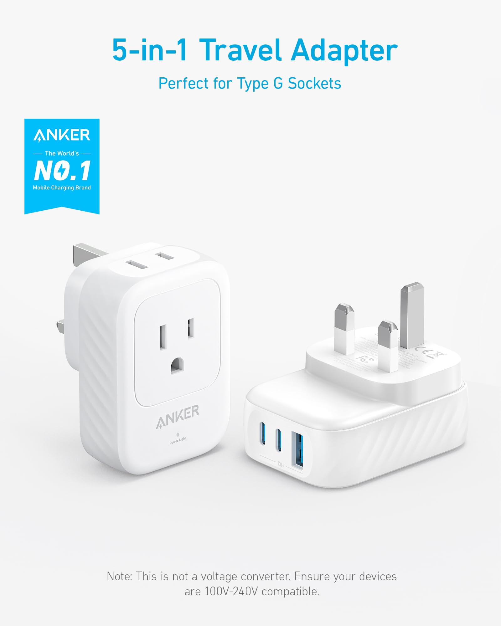 Anker travel adapter ports visible supporting USB-C and USB-A charging options
