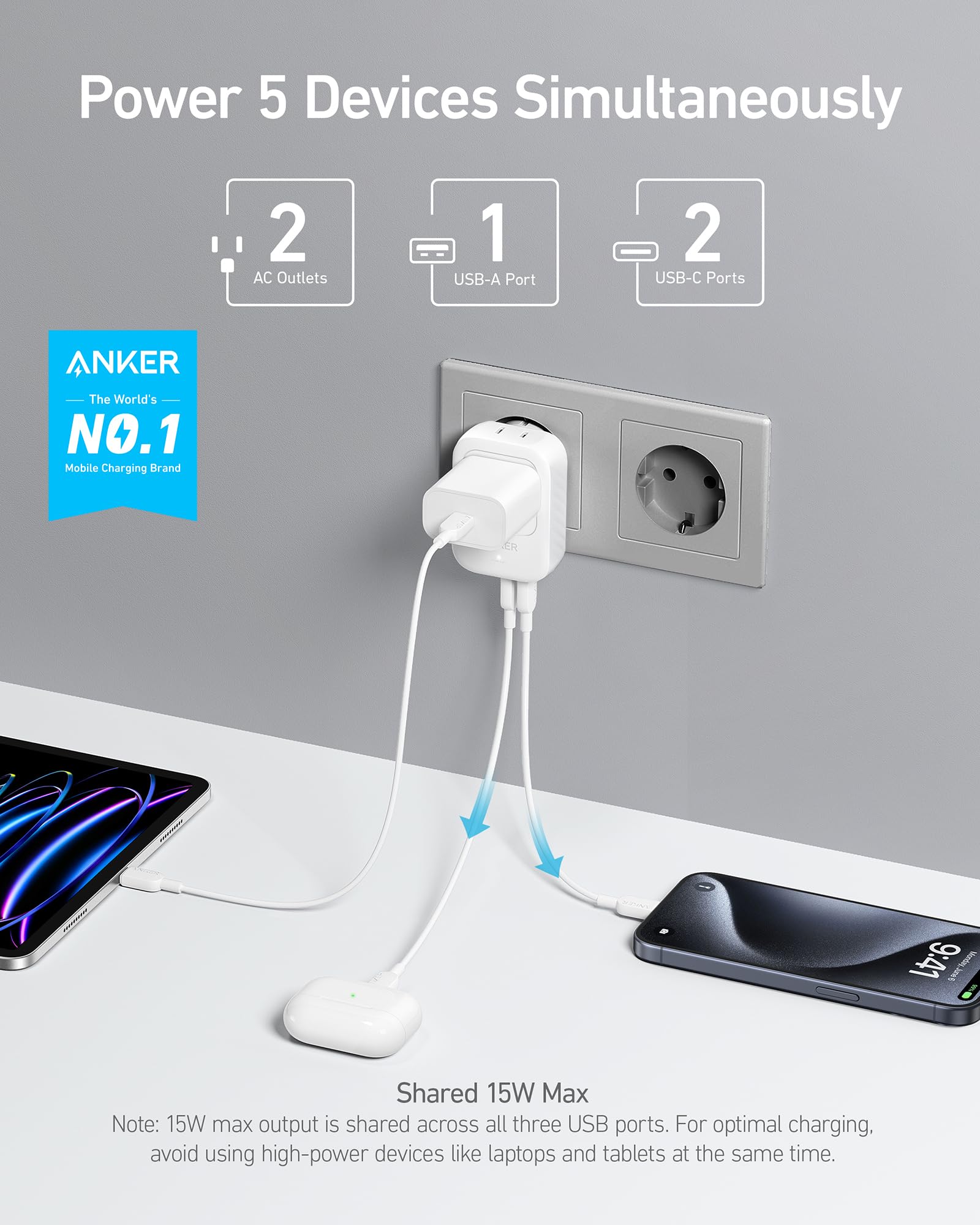 Anker travel adapter showing USB-C and USB-A ports for versatile devices.