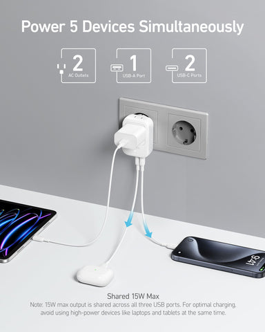 Anker adapter plugged into Type E/F socket with grounded connection.