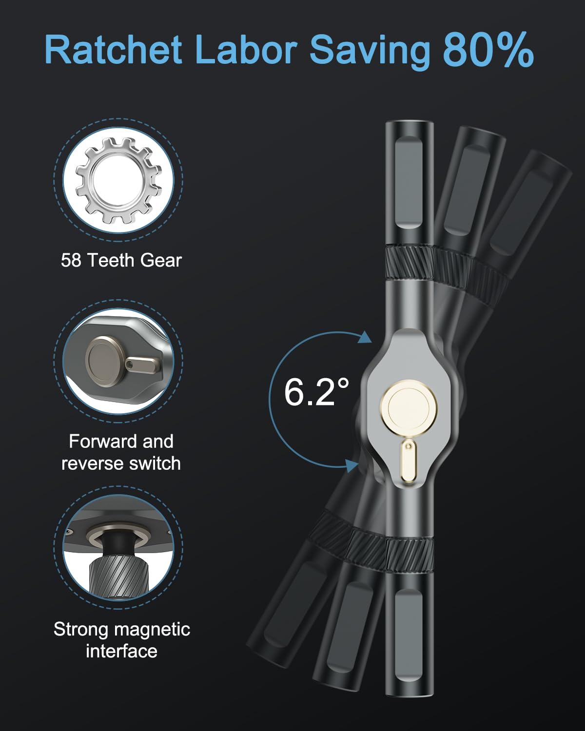 Ankilo 58-tooth ratchet with 6-2 degree swing enables precise screw driving.