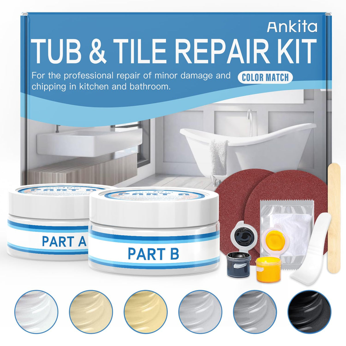 Ankita repair kit color match Almond shown for seamless tub repair