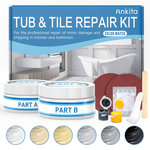 Ankita repair kit color match Almond shown for seamless tub repair