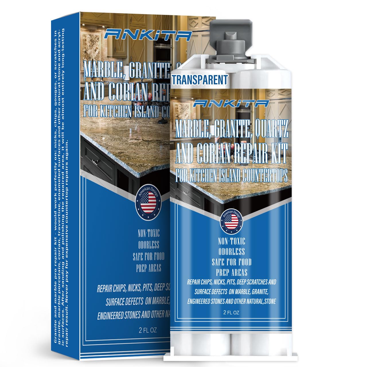 Ankita Quartz Repair Kit transparent application shows seamless color match on countertop